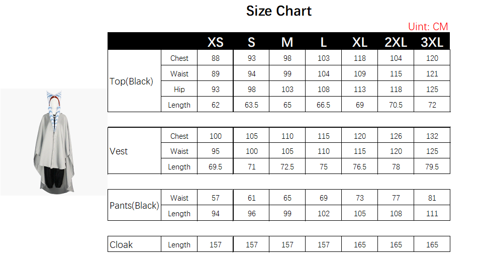 Ahsoka Tano Costume size chart