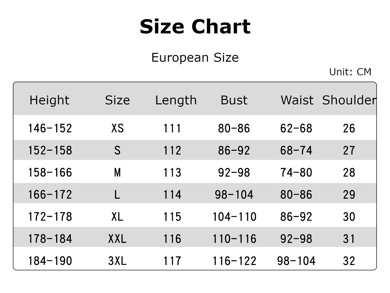 Chun-Li 2026 Costume size chart