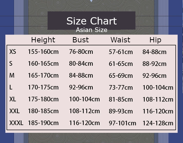Chun-Li Street Fighter 5 Costume size chart