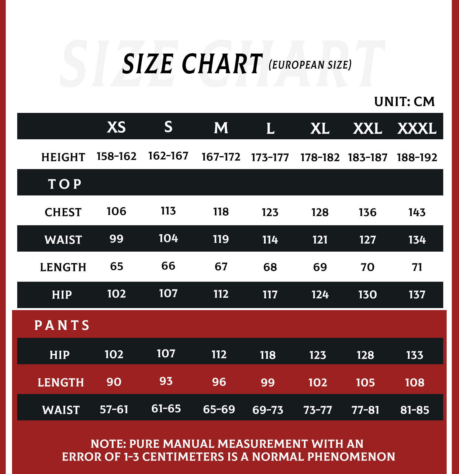 Ken Costume size chart