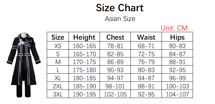 Kirigaya Kazuto Costume size chart