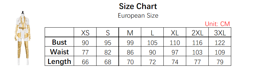 Starlight Costume size chart