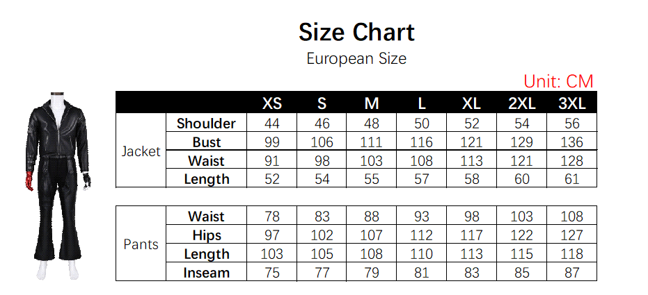 K Dash Costume size chart