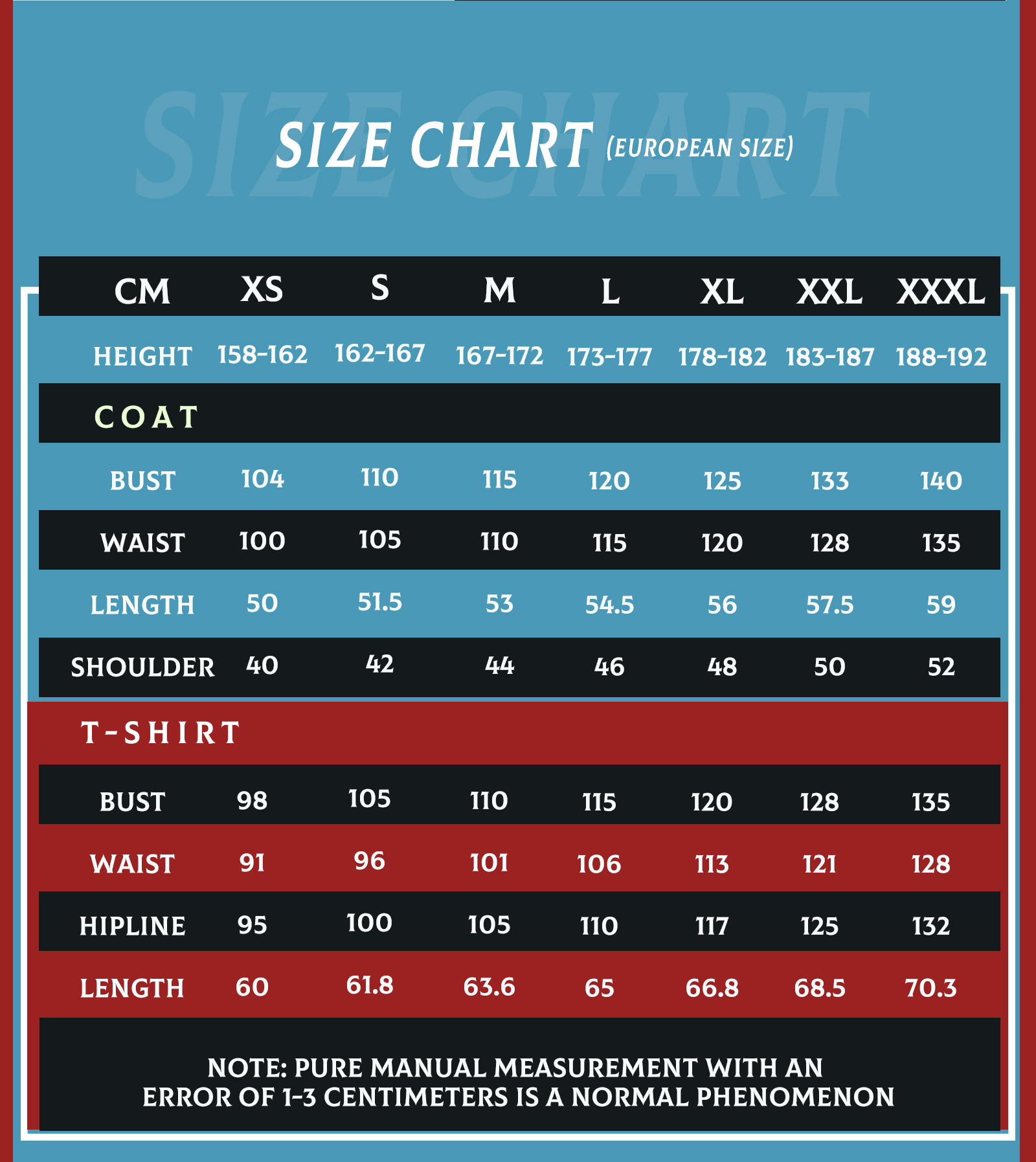 Terry Costume size chart