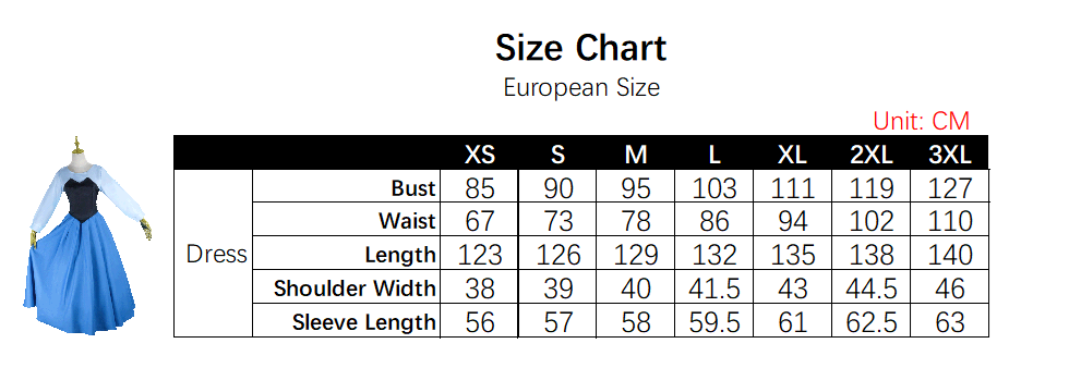 Ariel Princess Costume size chart