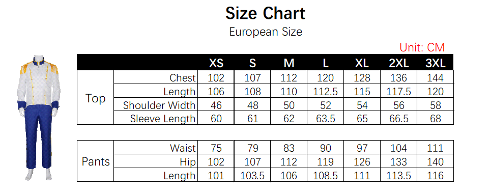 Eric Prince Costume size chart