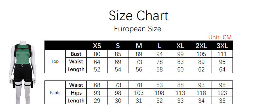 Lara Croft Costume size chart