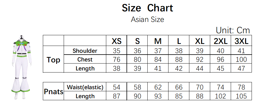 Buzz Lightyear Costume size chart