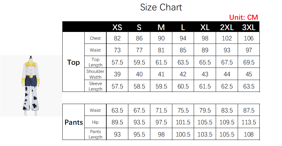 Jessie Costume size chart
