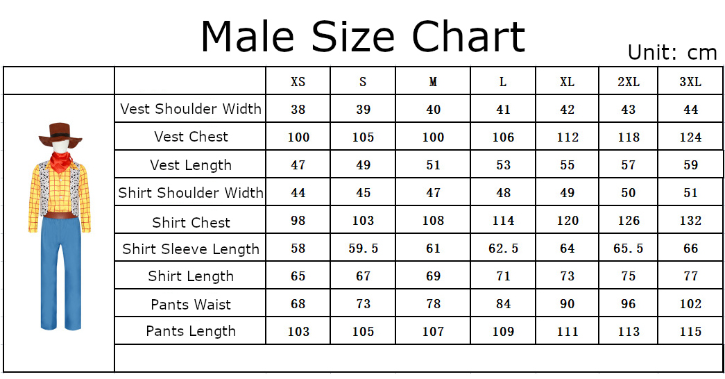 Woody Simplified Costume size chart