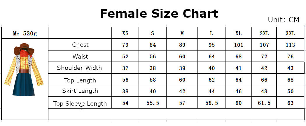 Woody Simplified Costume size chart