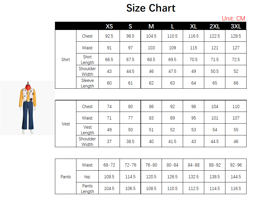Woody Costume size chart