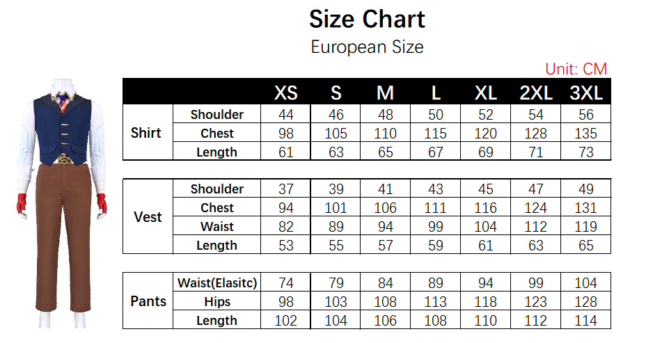 Chamber Costume size chart