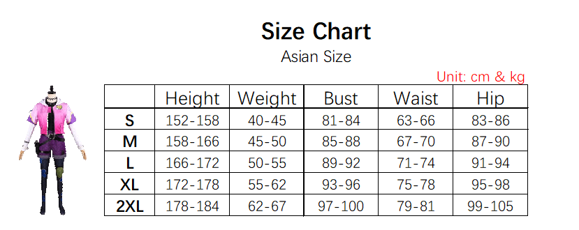 Clove Costume size chart