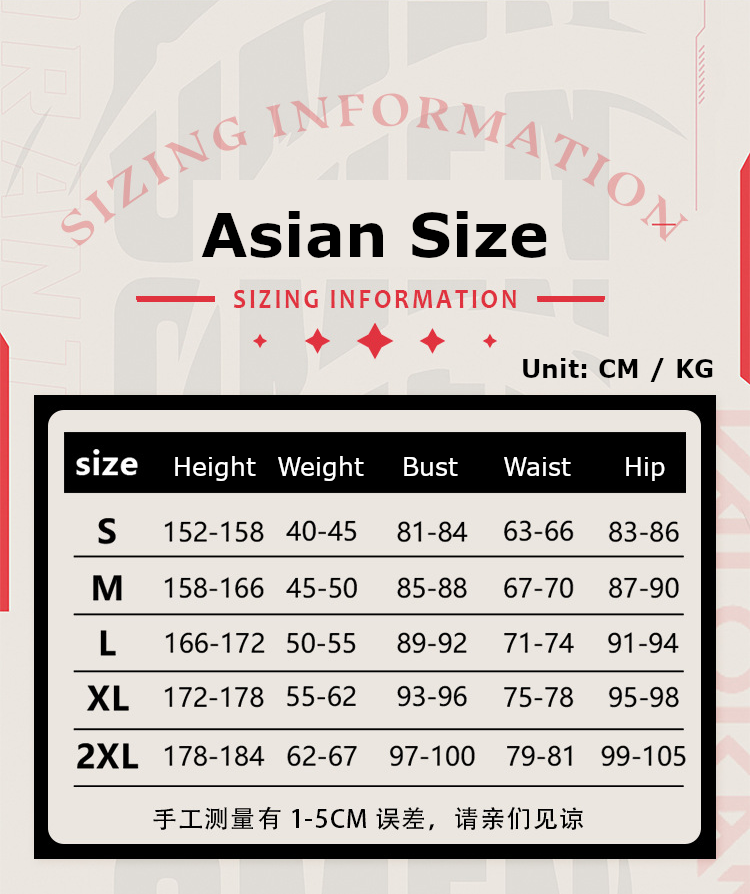 Jett Costume size chart