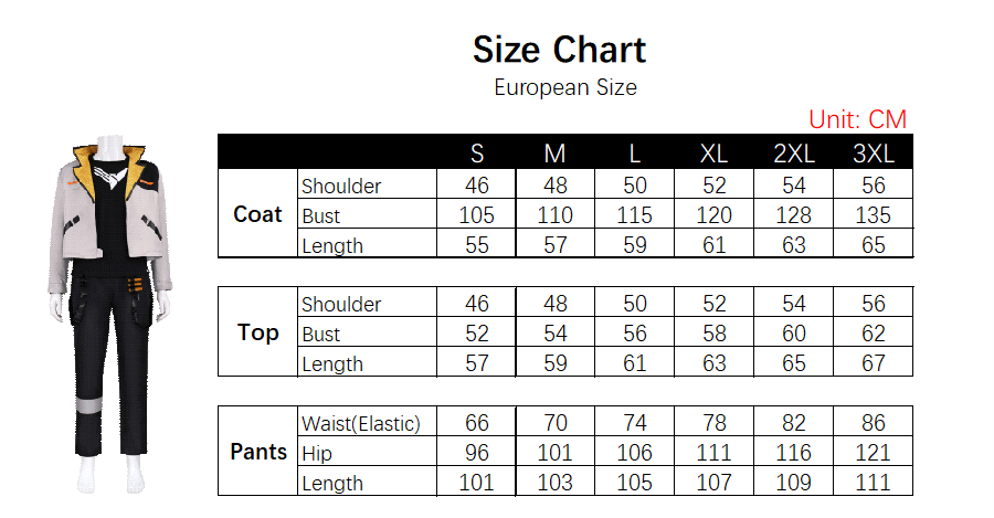 Phoenix Costume size chart