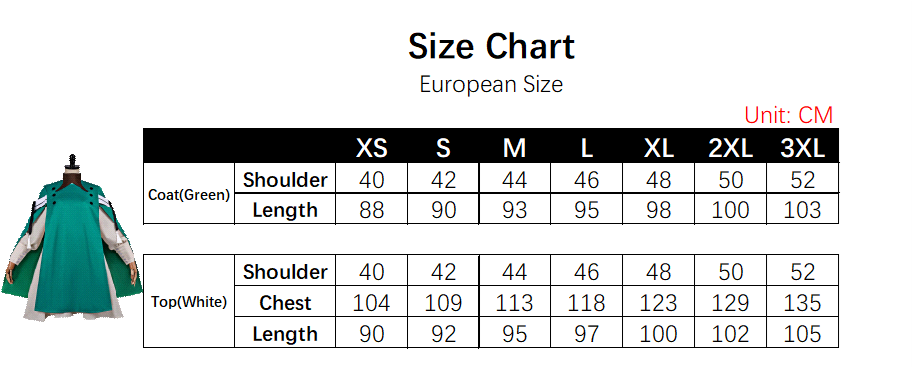 Coco Costume size chart
