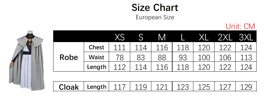 Qifrey Costume size chart