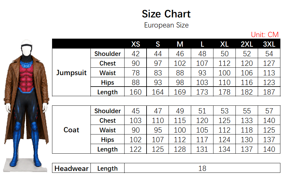 Gambit Costume size chart