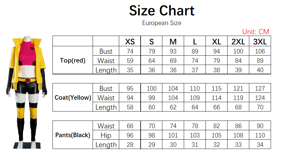 Jubilee Costume size chart