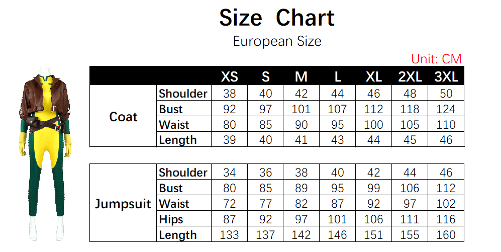 Rogue Costume size chart