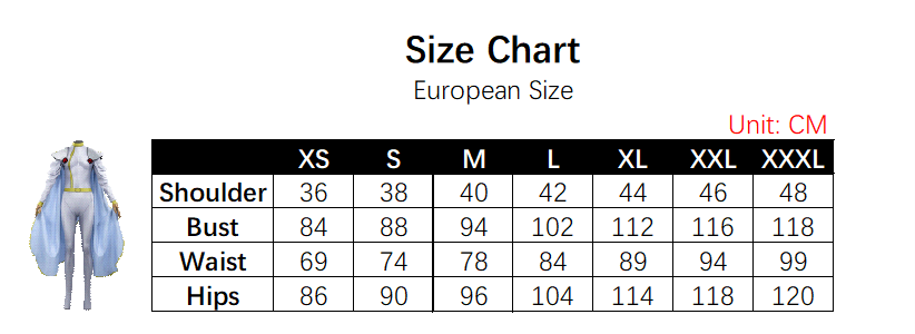 Storm Costume size chart