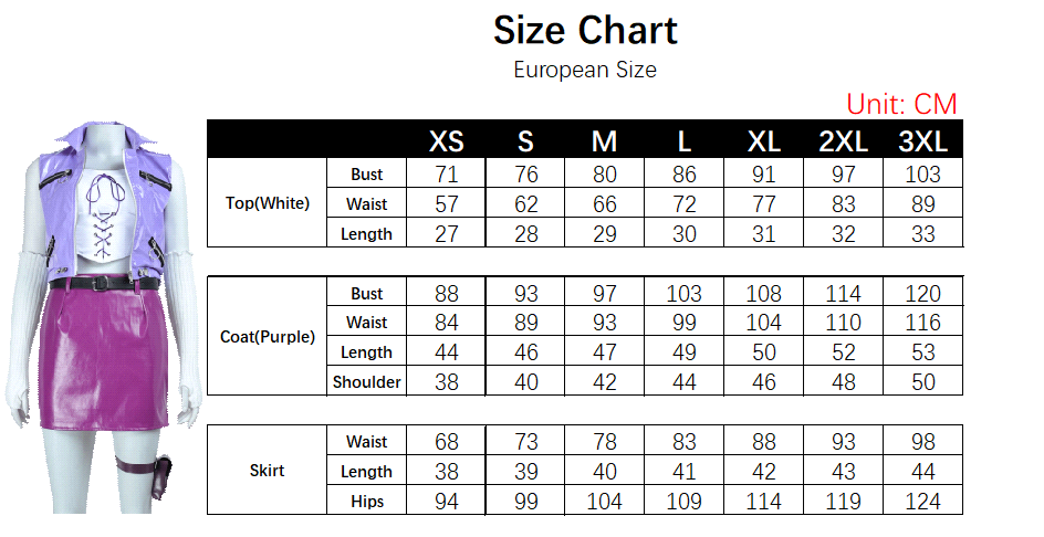Mai Costume size chart