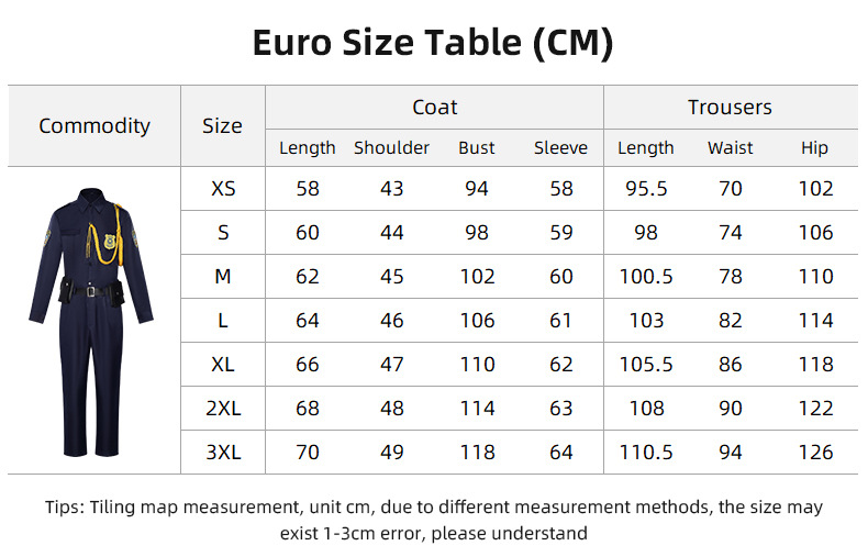Nick Costume size chart